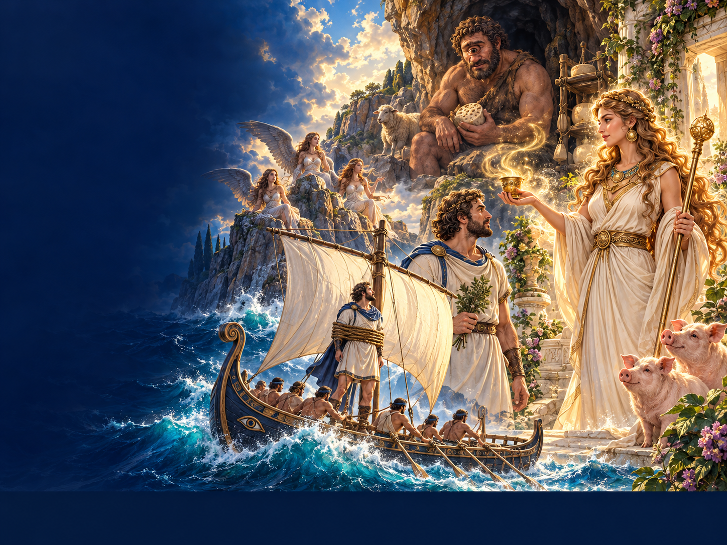 Odyssey fantasy artwork with the sea, an enchantress and the Cyclops