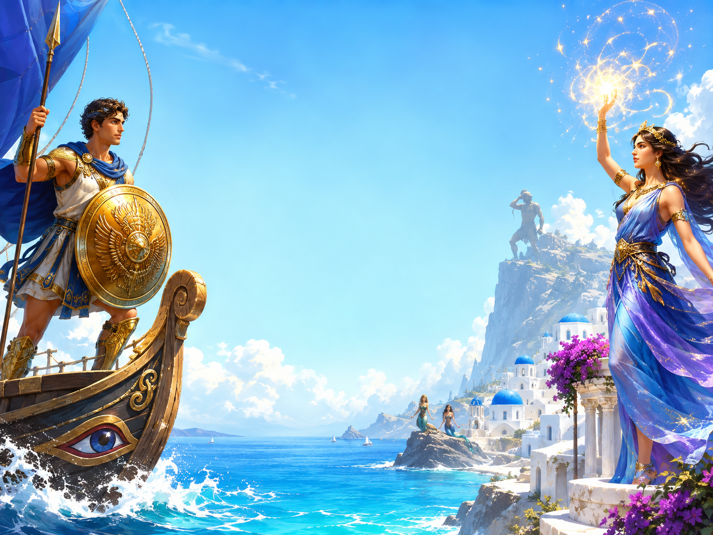 Odysseus aboard his ship as a goddess raises a golden light over an island