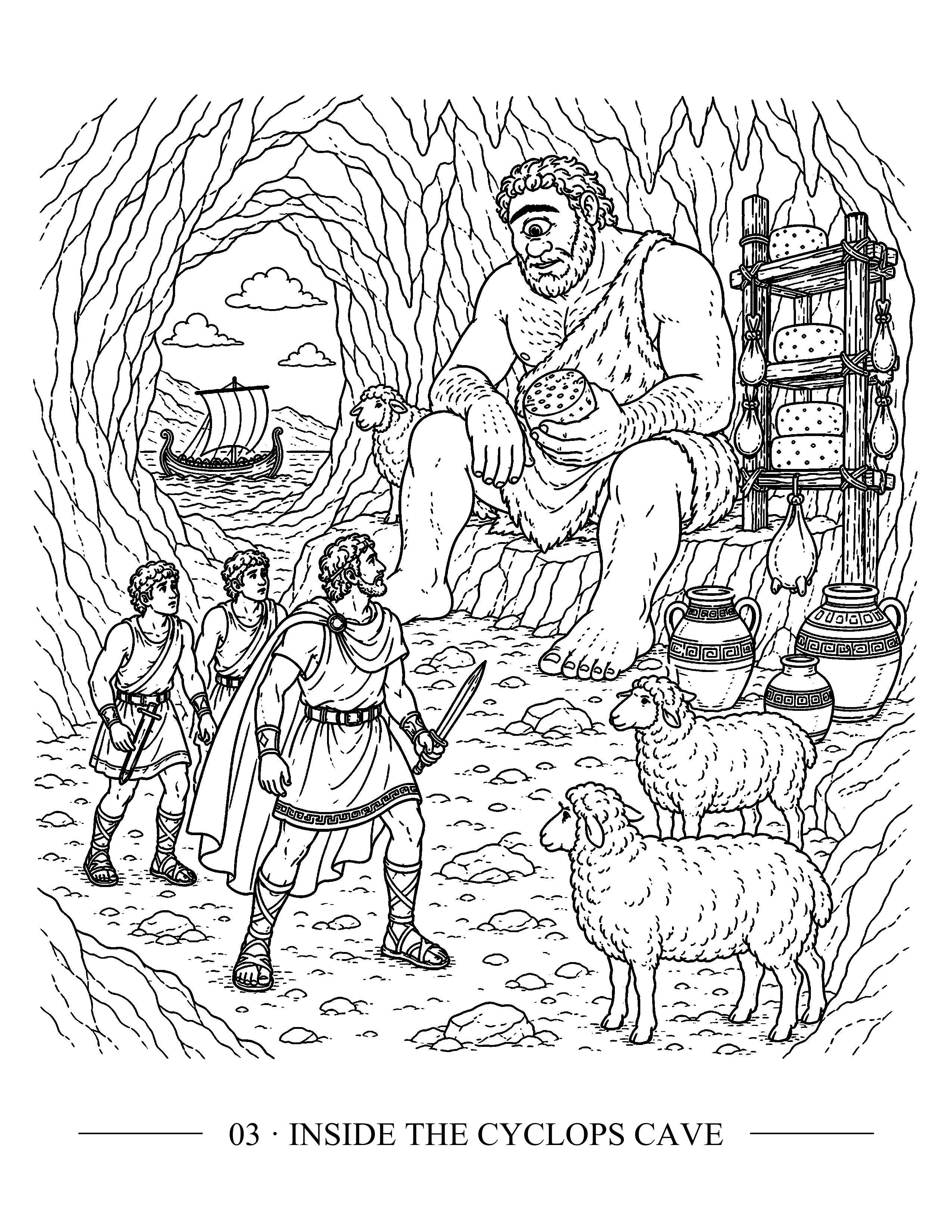 Odyssey KDP story page showing Odysseus and his crew facing the one-eyed Cyclops beside sheep inside a rocky cave, with scene number 03 and title below