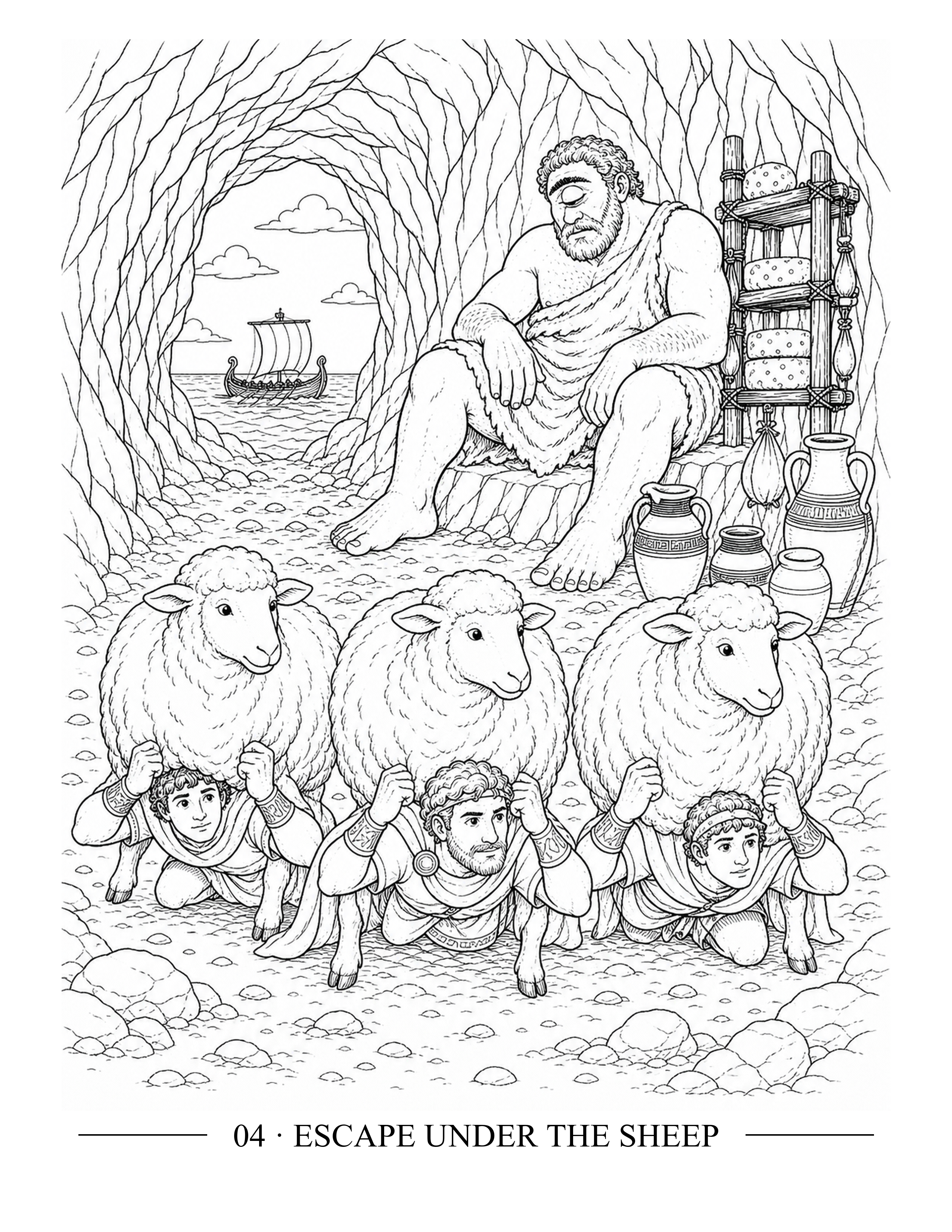 Odyssey KDP story page showing three crew members escaping beneath sheep while the Cyclops sleeps in his cave