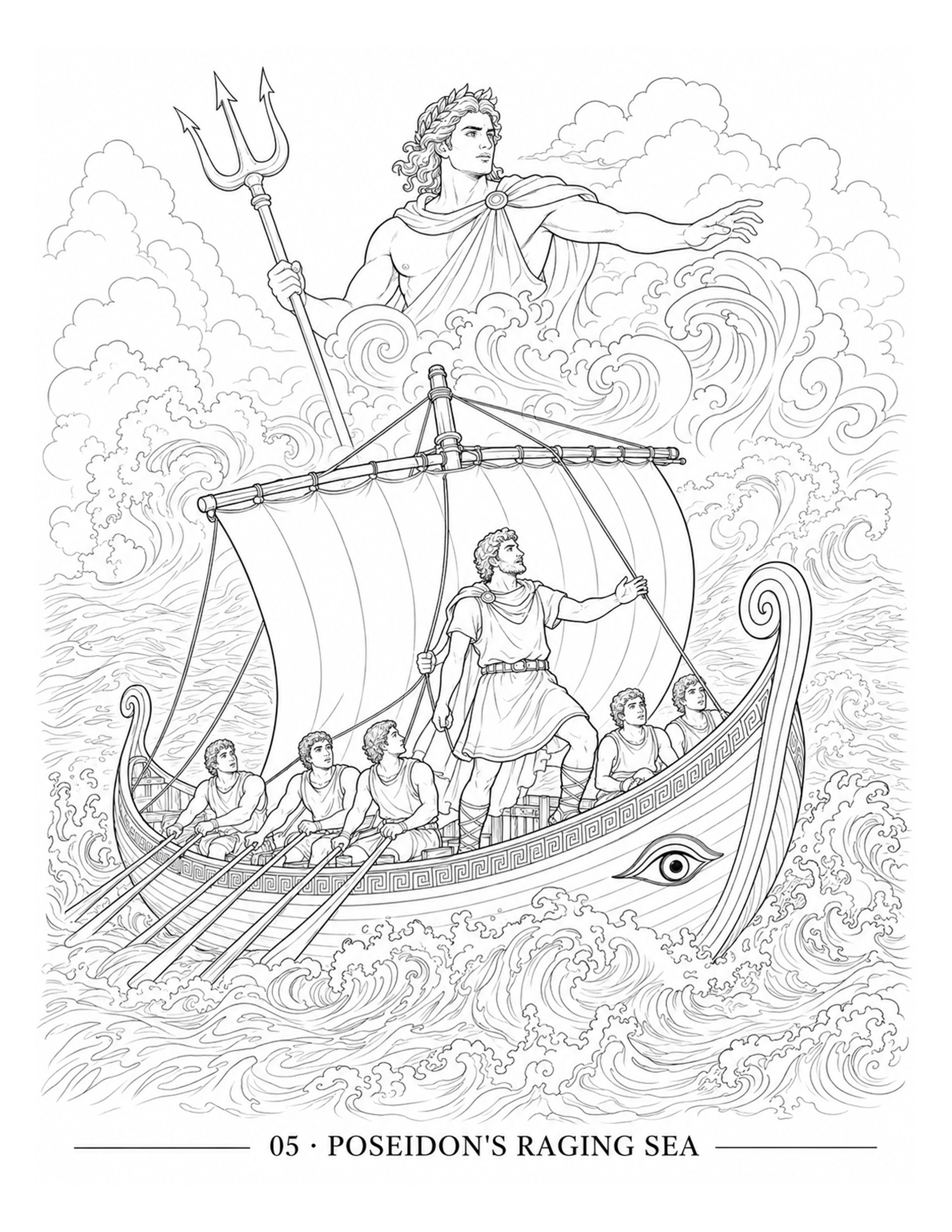 Odyssey KDP story page showing Poseidon raising enormous waves around Odysseus and his crew aboard their ship