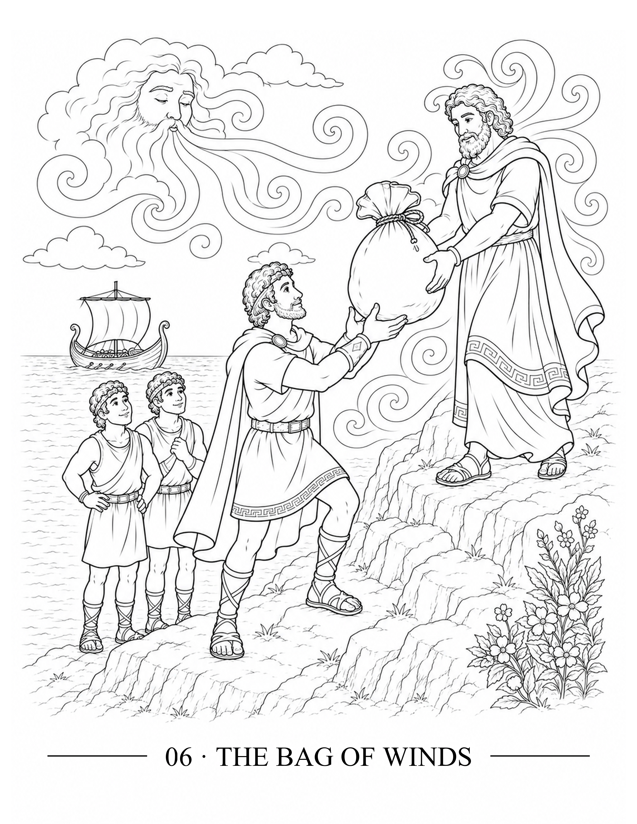 Odyssey KDP story page showing Aeolus giving a tied bag of winds to Odysseus beside the sea