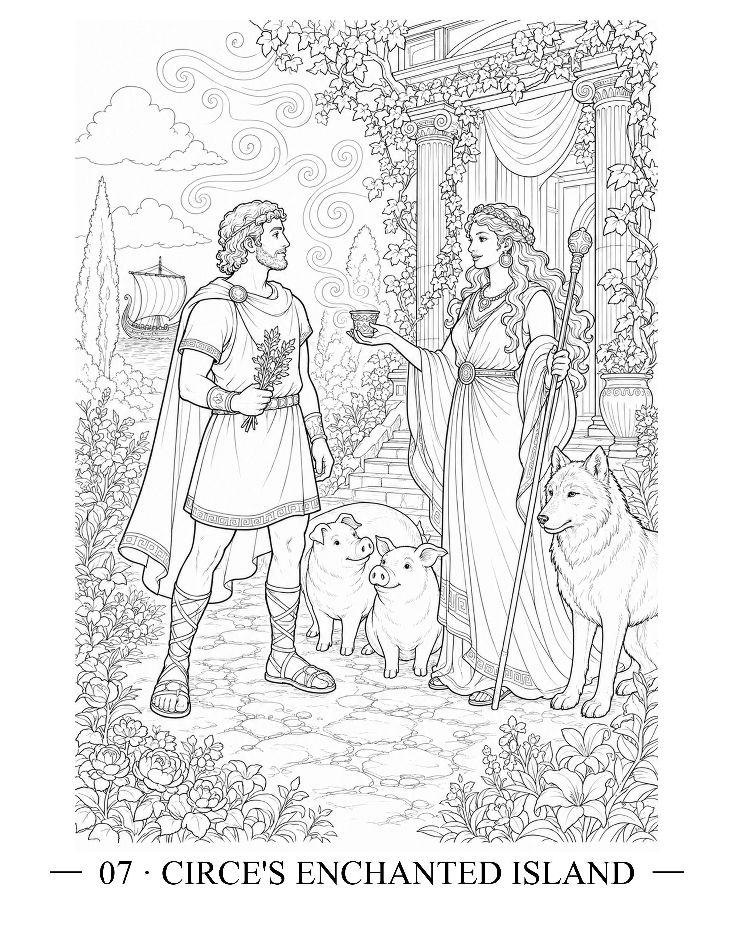 Odyssey KDP story page showing Odysseus meeting Circe beside her palace with transformed pigs and a watchful wolf