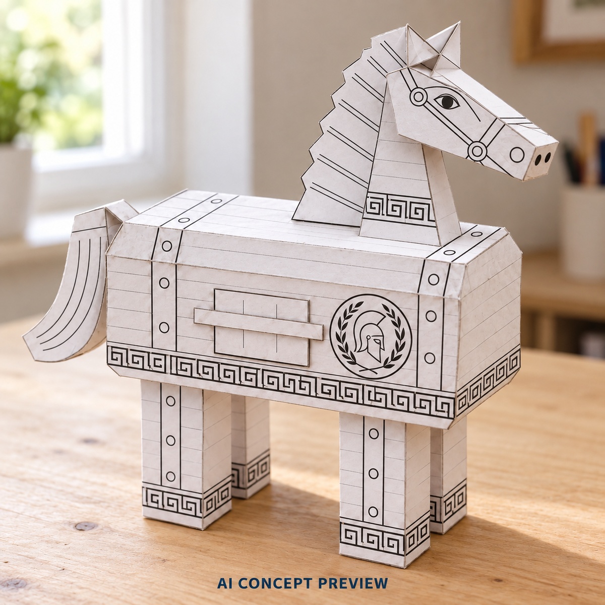 Uncolored paper Trojan Horse with black outlines, ready for you to color