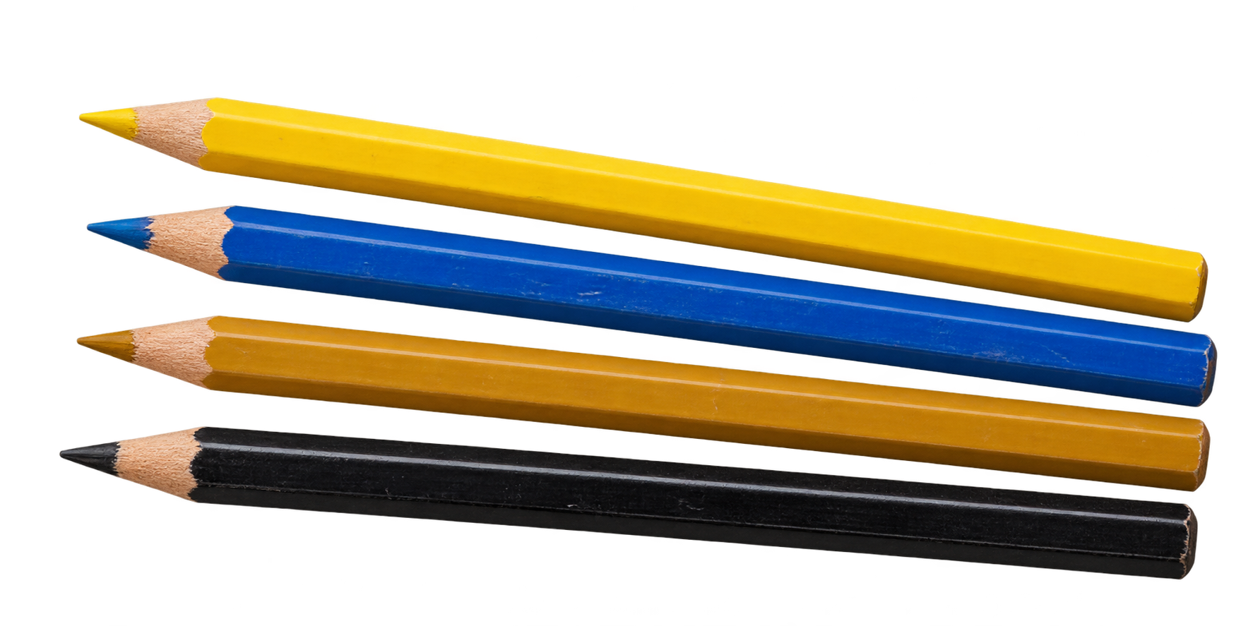 Yellow, blue, ochre and black colored pencils